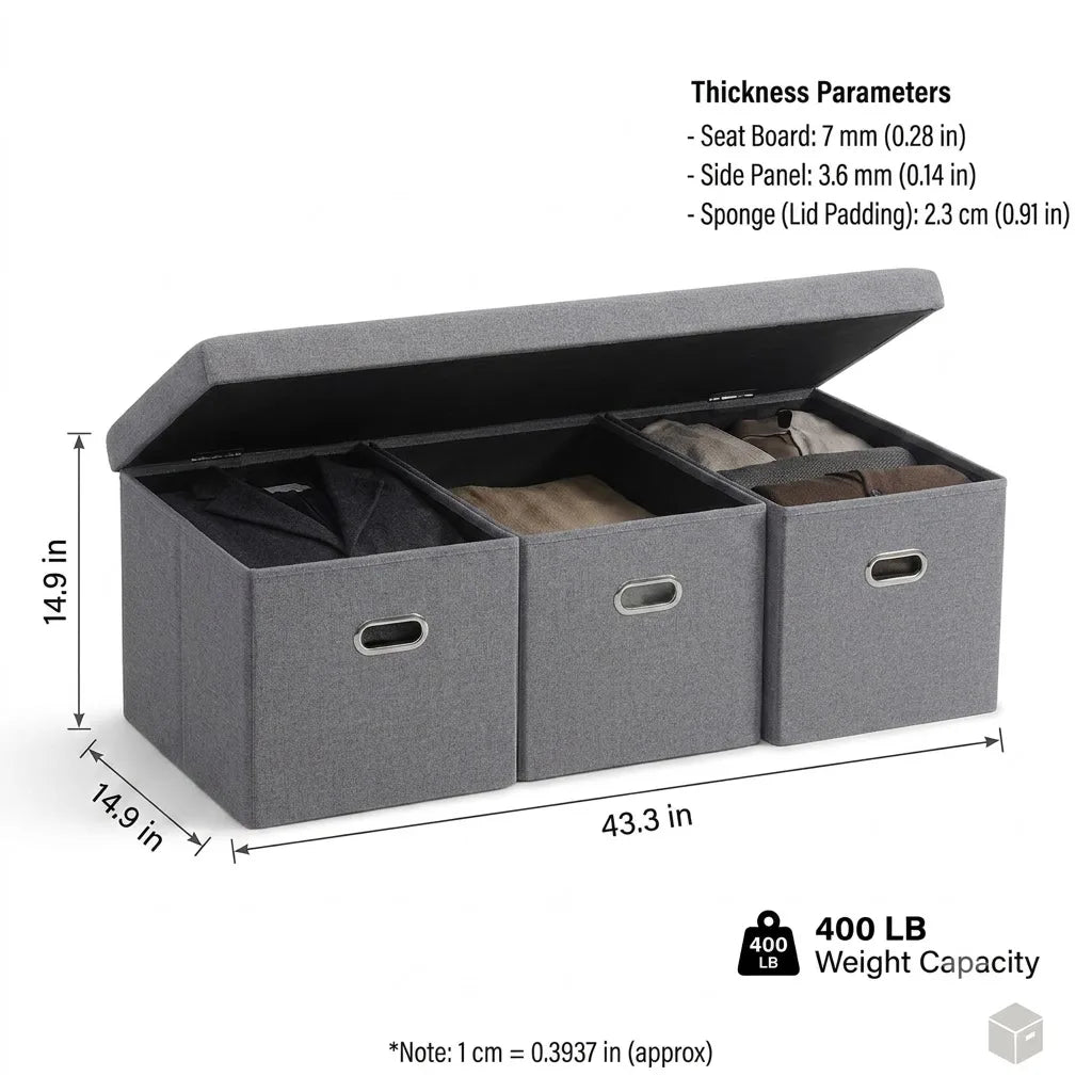 Foldable Linen Storage Ottoman Bench With Three Removable Drawers