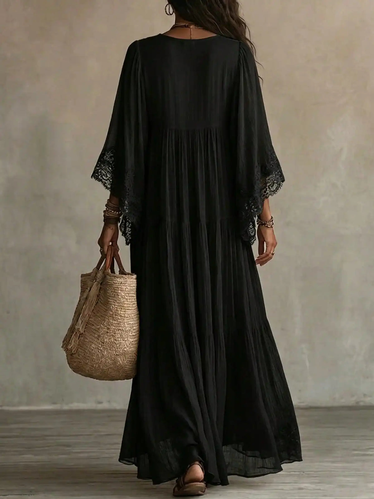 Women Lace V Neck Batwing Sleeve Maxi Dress Casual Vacation