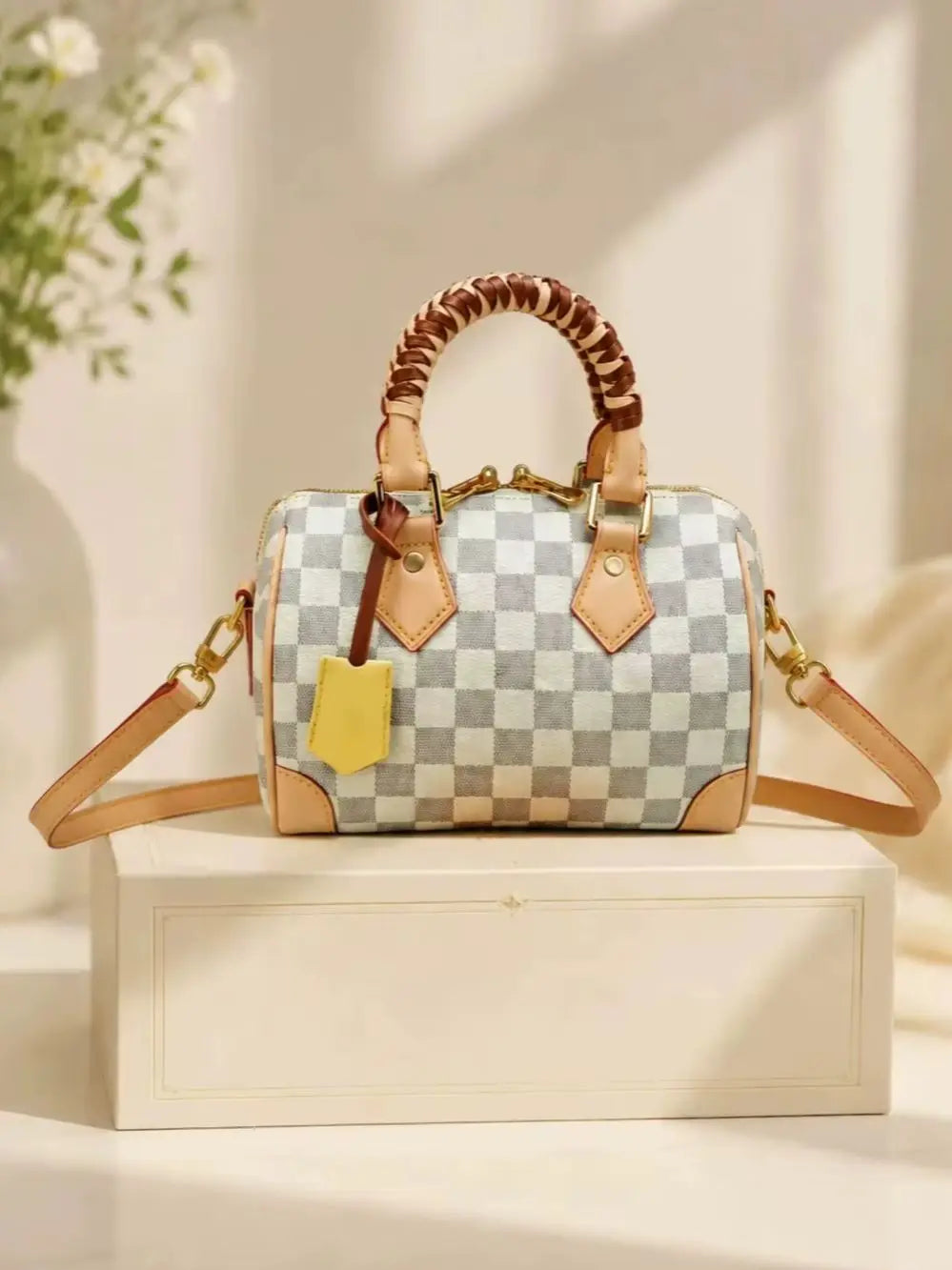 Women Checkerboard Faux Leather Boston Shoulder Handbag