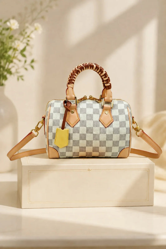 Women Checkerboard Faux Leather Boston Shoulder Handbag