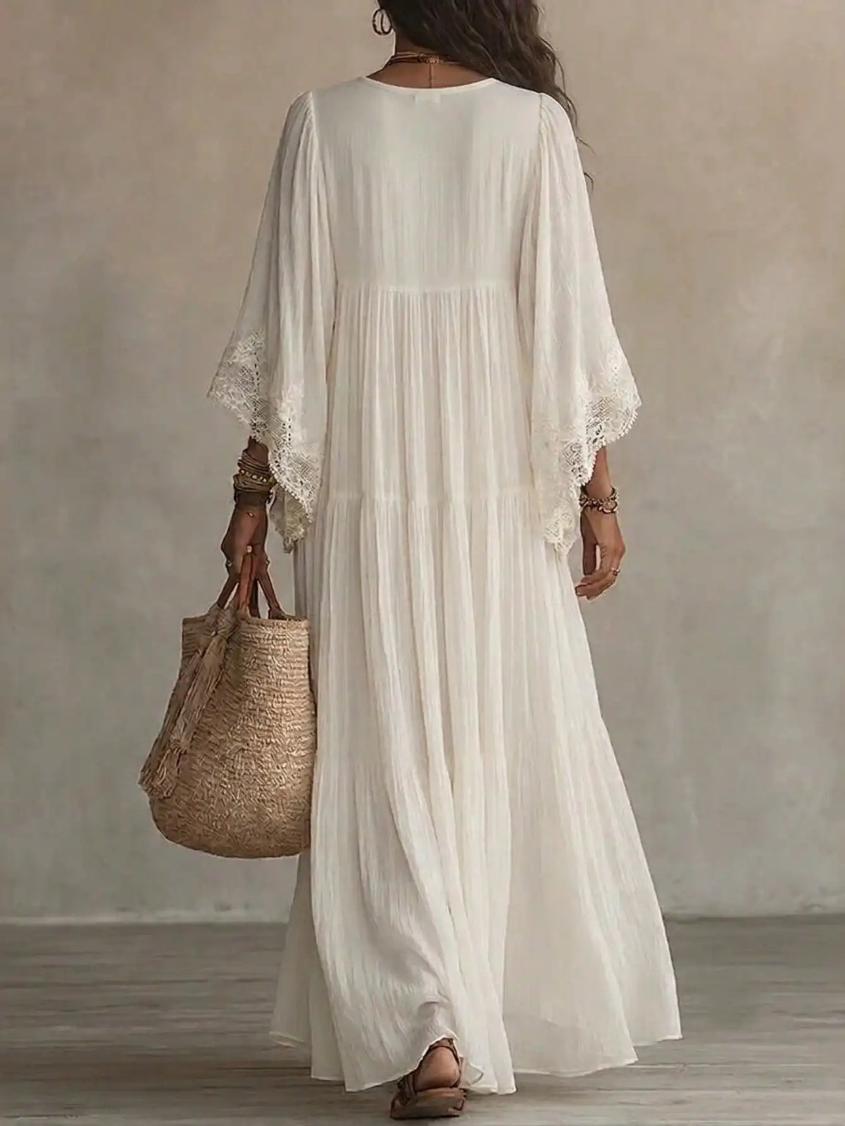 Women Lace V Neck Batwing Sleeve Maxi Dress Casual Vacation
