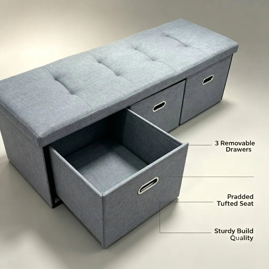 Foldable Linen Storage Ottoman Bench With Three Removable Drawers