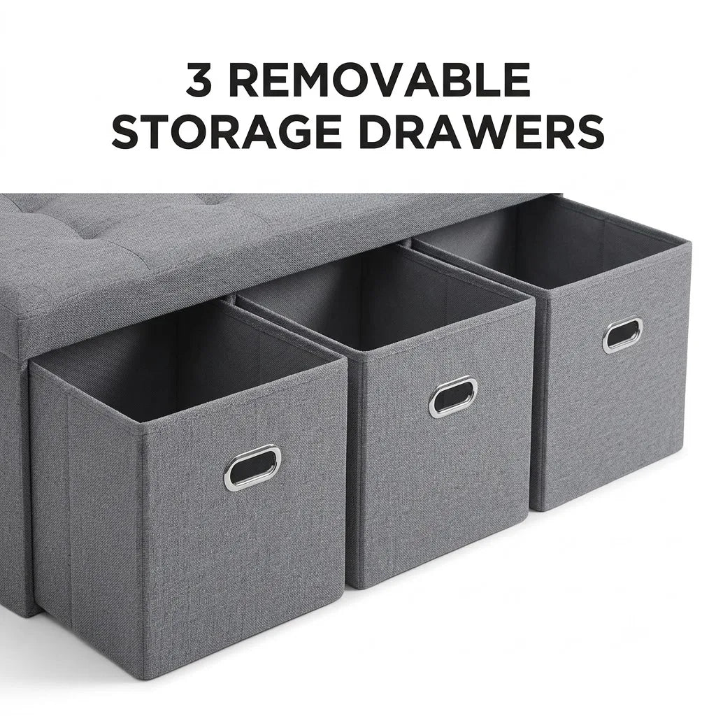 Foldable Linen Storage Ottoman Bench With Three Removable Drawers