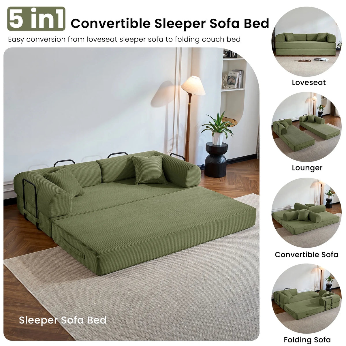 Modern Corduroy Folding Sofa Bed With Removable Fabric Cover