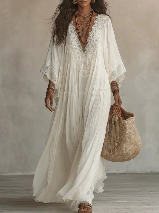 Women Lace V Neck Batwing Sleeve Maxi Dress Casual Vacation
