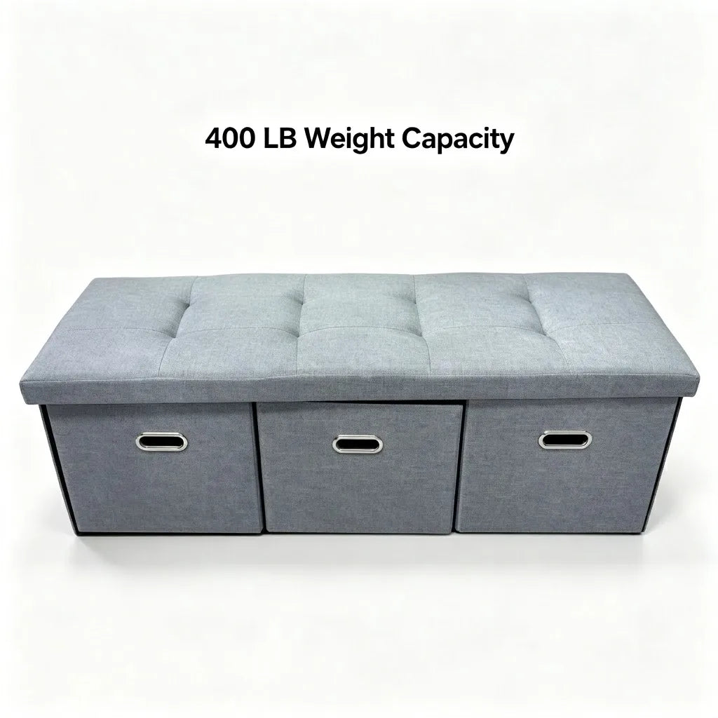 Foldable Linen Storage Ottoman Bench With Three Removable Drawers