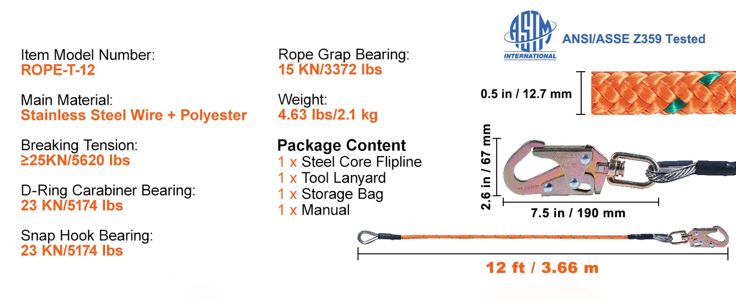 Stainless Steel Wire Core Tree Climbing Flip Line Kit