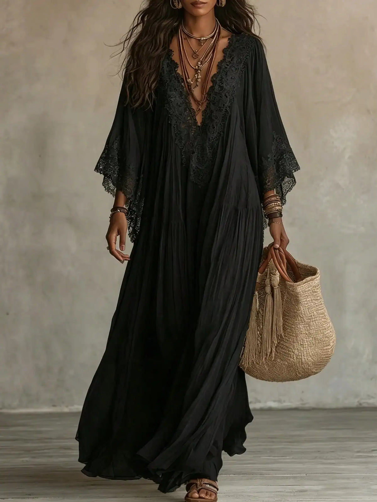 Women Lace V Neck Batwing Sleeve Maxi Dress Casual Vacation