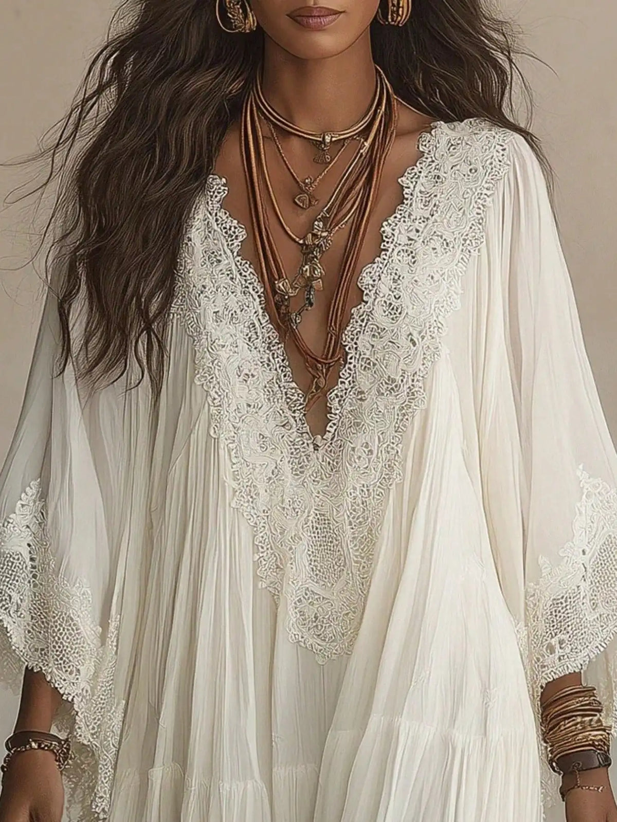 Women Lace V Neck Batwing Sleeve Maxi Dress Casual Vacation