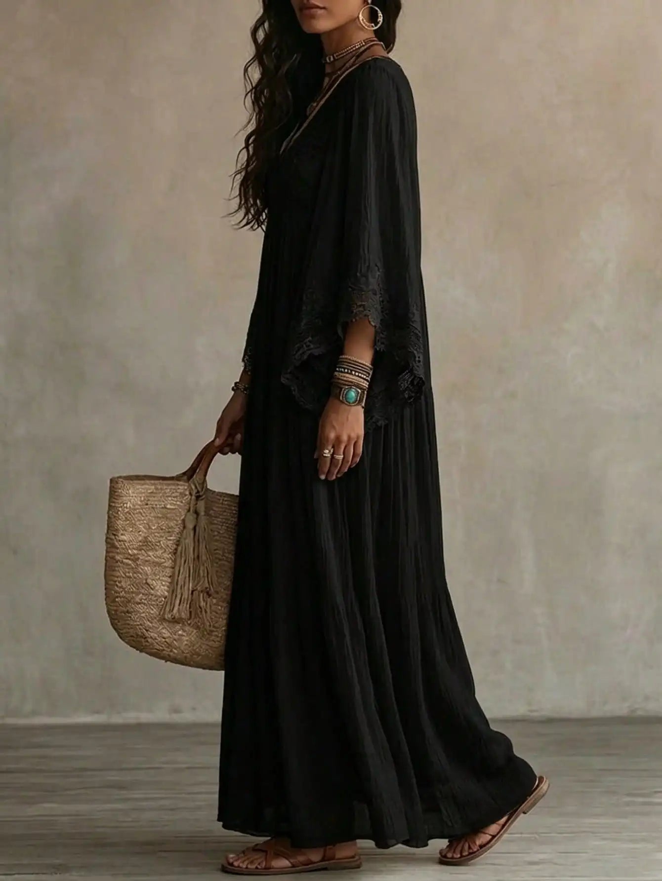 Women Lace V Neck Batwing Sleeve Maxi Dress Casual Vacation