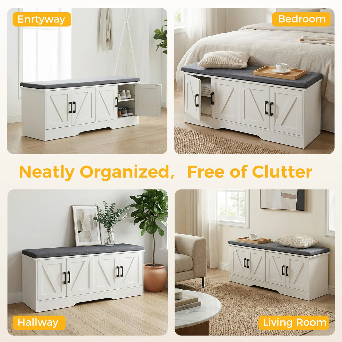 JHK Storage Bench With Padded Seat Shoe Organizer Entryway Cabinet