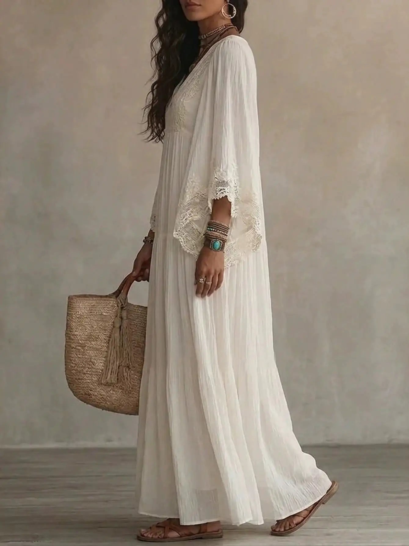 Women Lace V Neck Batwing Sleeve Maxi Dress Casual Vacation