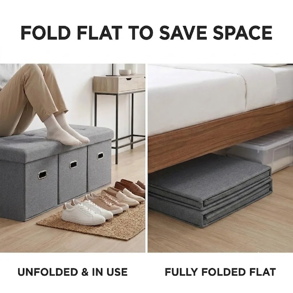 Foldable Linen Storage Ottoman Bench With Three Removable Drawers